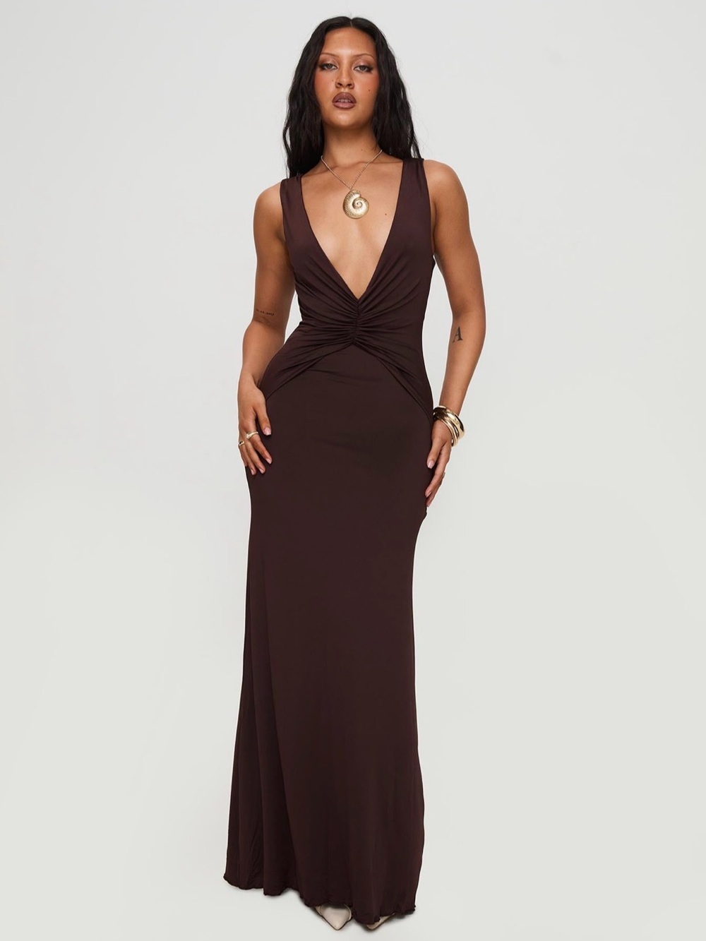 Princess Polly Brown Deep V Twist-Front Maxi Dress